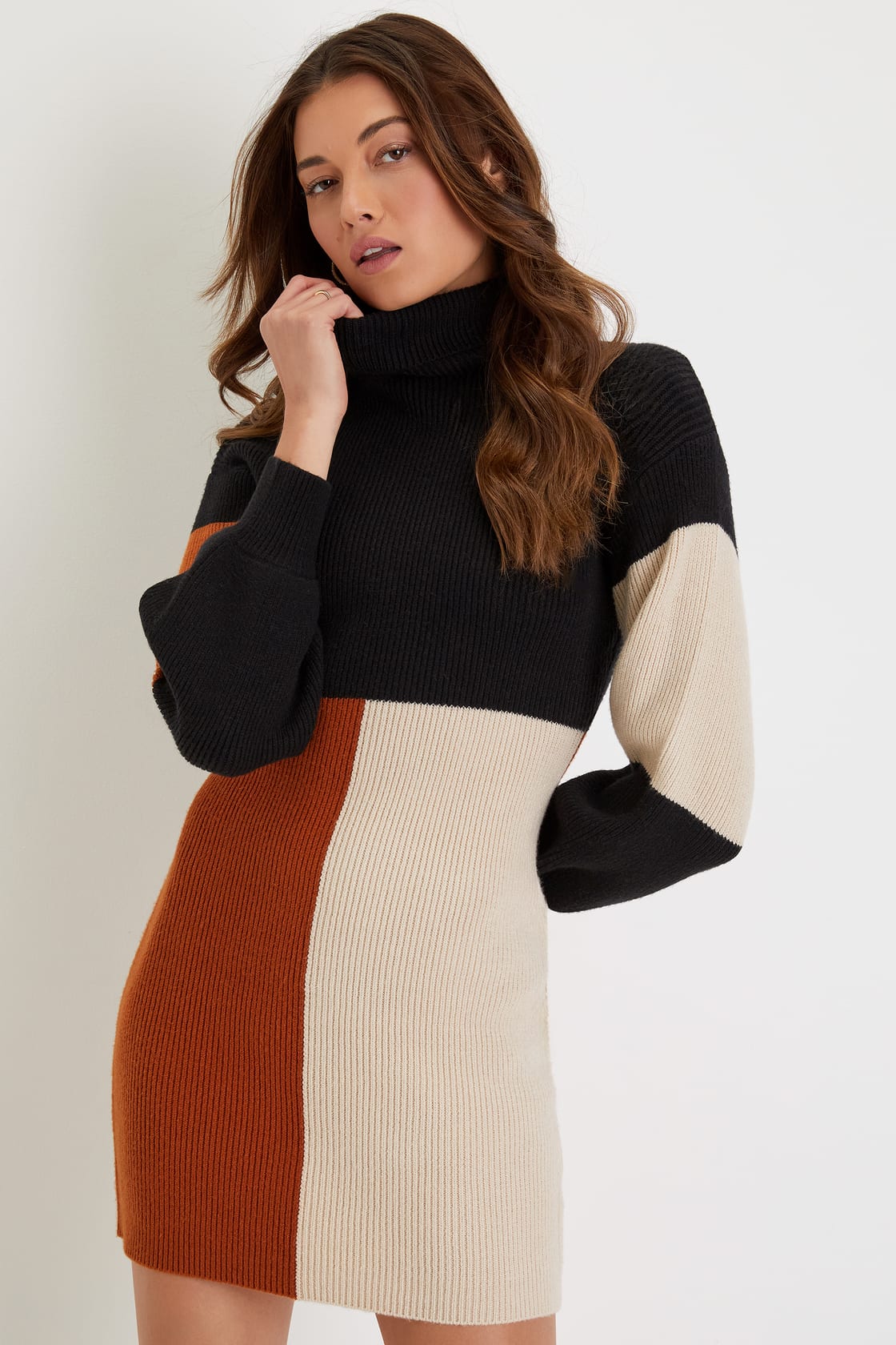 Mod For You Black Color Block Turtleneck Mini Sweater Dress