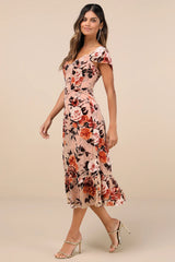 Composed Beauty Blush Pink Burnout Velvet Floral Midi Dress