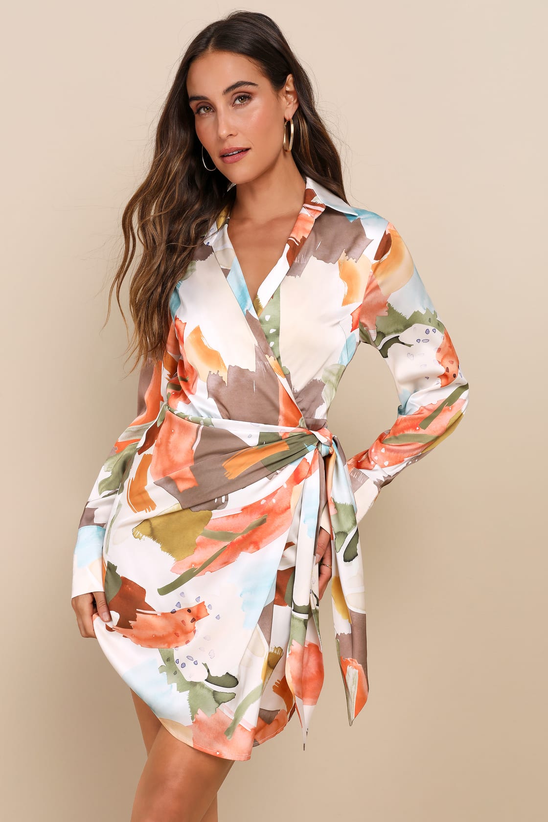 Painterly Perfection Ivory Multi Abstract Satin Wrap Mini Dress