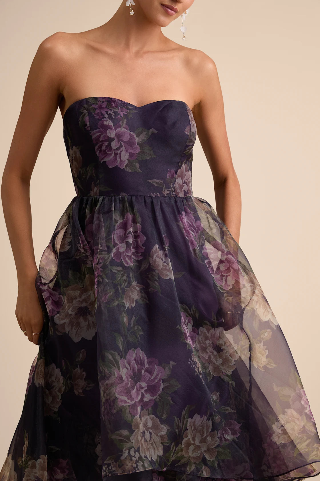 Truly Extraordinary Purple Floral Organza Strapless Maxi Dress