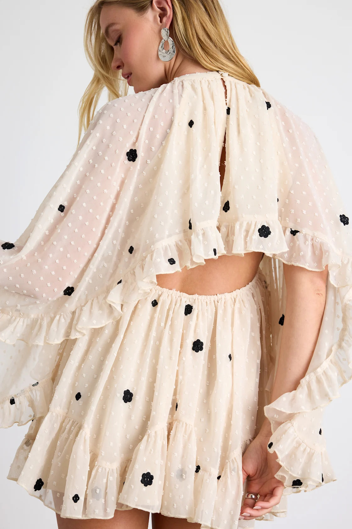 Rhozie Cream Embroidered Swiss Dot Cape Sleeve Tiered Mini Dress