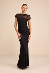 Sunama Black Mesh Ruched Mermaid Maxi Dress