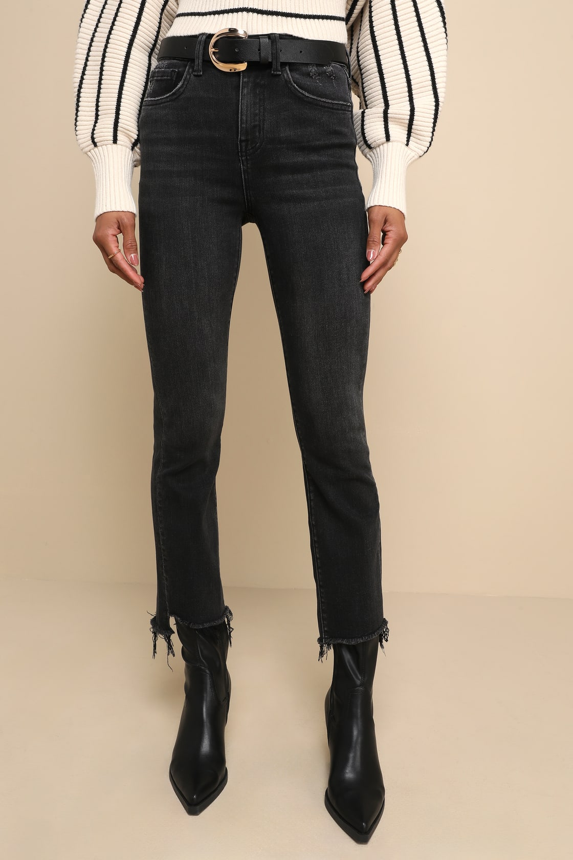 Bella Black Cropped Raw Hem High-Rise Flare Jeans