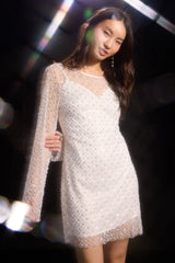 Glowing Charisma White Sequin Pearl Mesh Long Sleeve Mini Dress