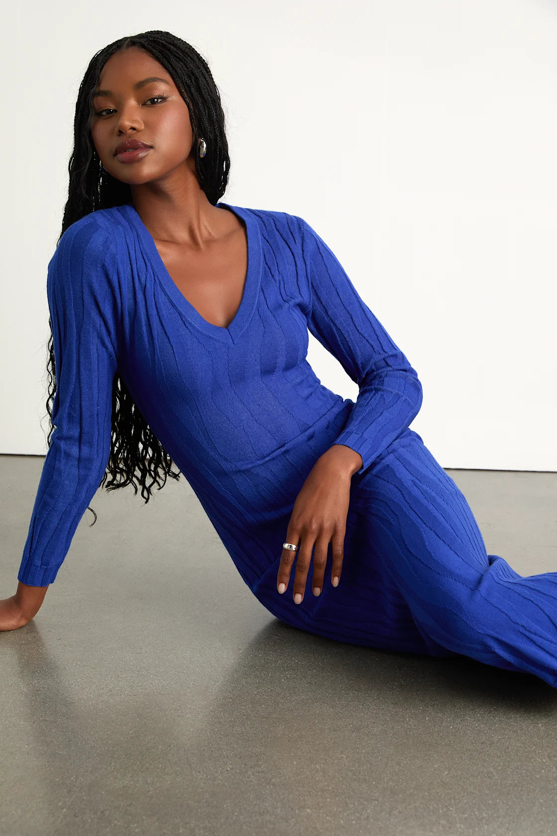 High Appeal Royal Blue Textured V-Neck Midi Sweater Dress