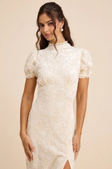 Cadison Cream Textured Puff Sleeve Column Maxi Dress