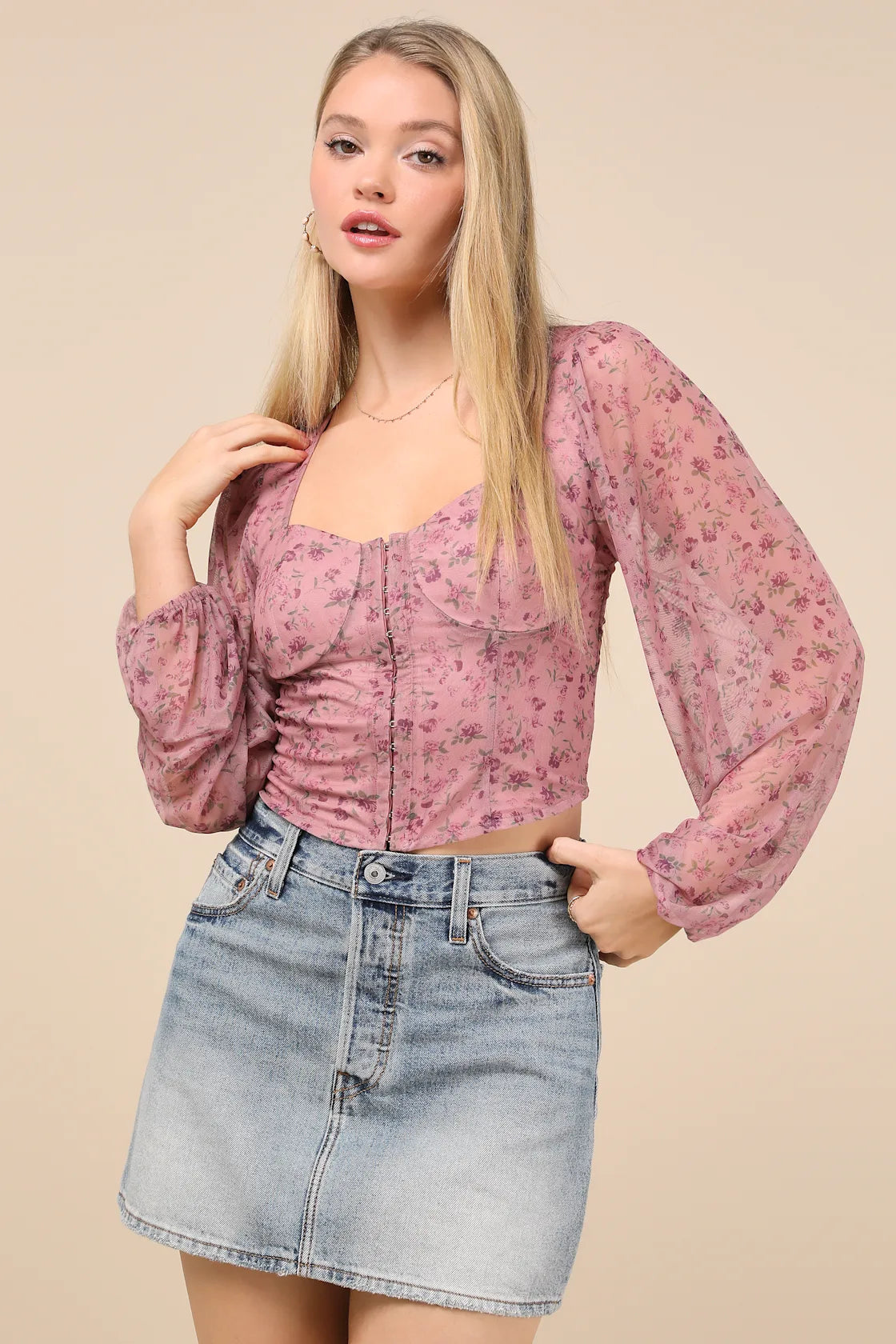 Feeling So Cute Dark Green Mesh Balloon Sleeve Crop Top