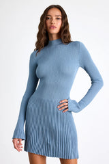 Adiva Slate Blue Ribbed Mock Neck Sweater Mini Dress