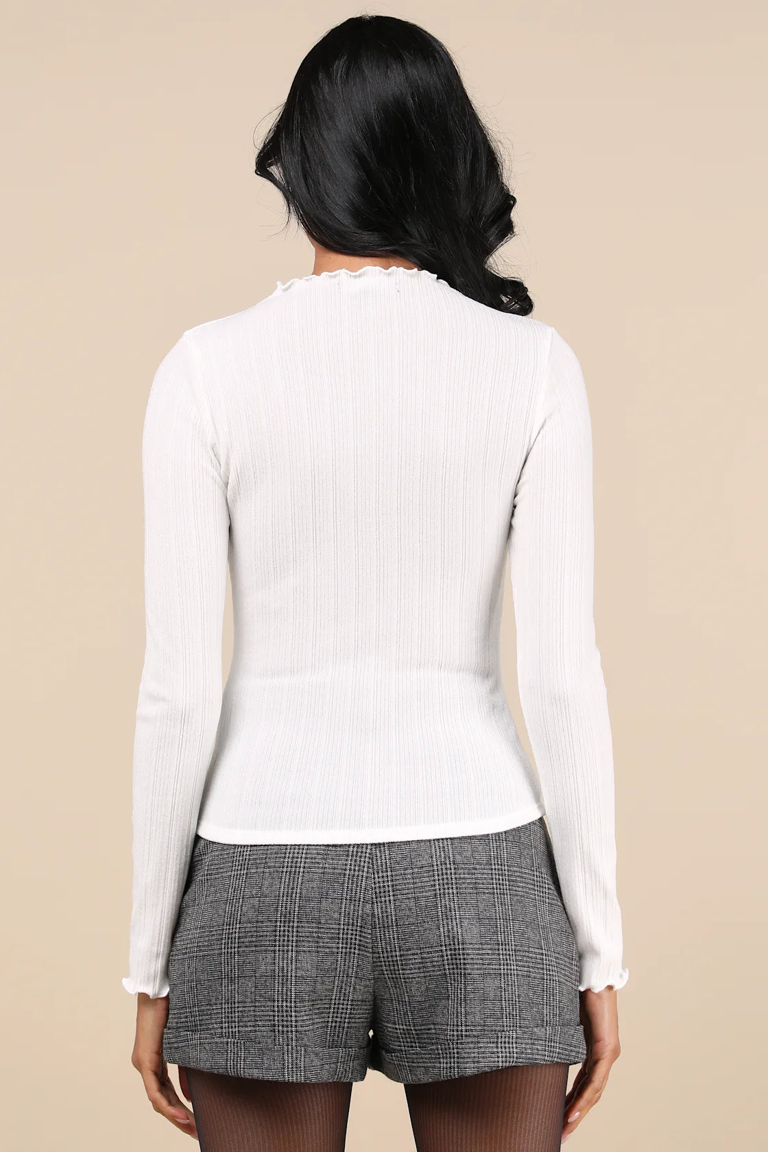 Charmed Vibes Ivory Ribbed Lettuce Edge Long Sleeve Top