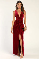 Beautiful Evenings Wine Red Velvet Twist-Front Maxi Dress