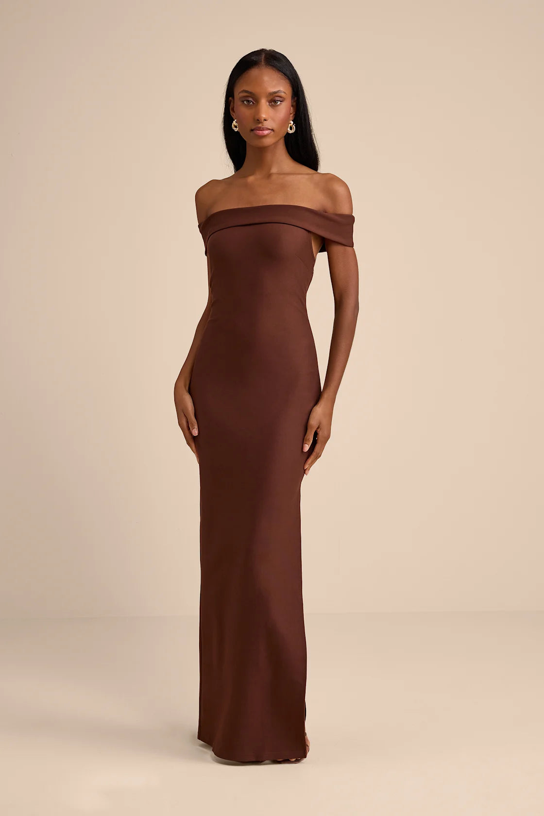 Chastain Brown Ponte Knit Off-the-Shoulder Maxi Dress