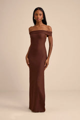 Chastain Brown Ponte Knit Off-the-Shoulder Maxi Dress