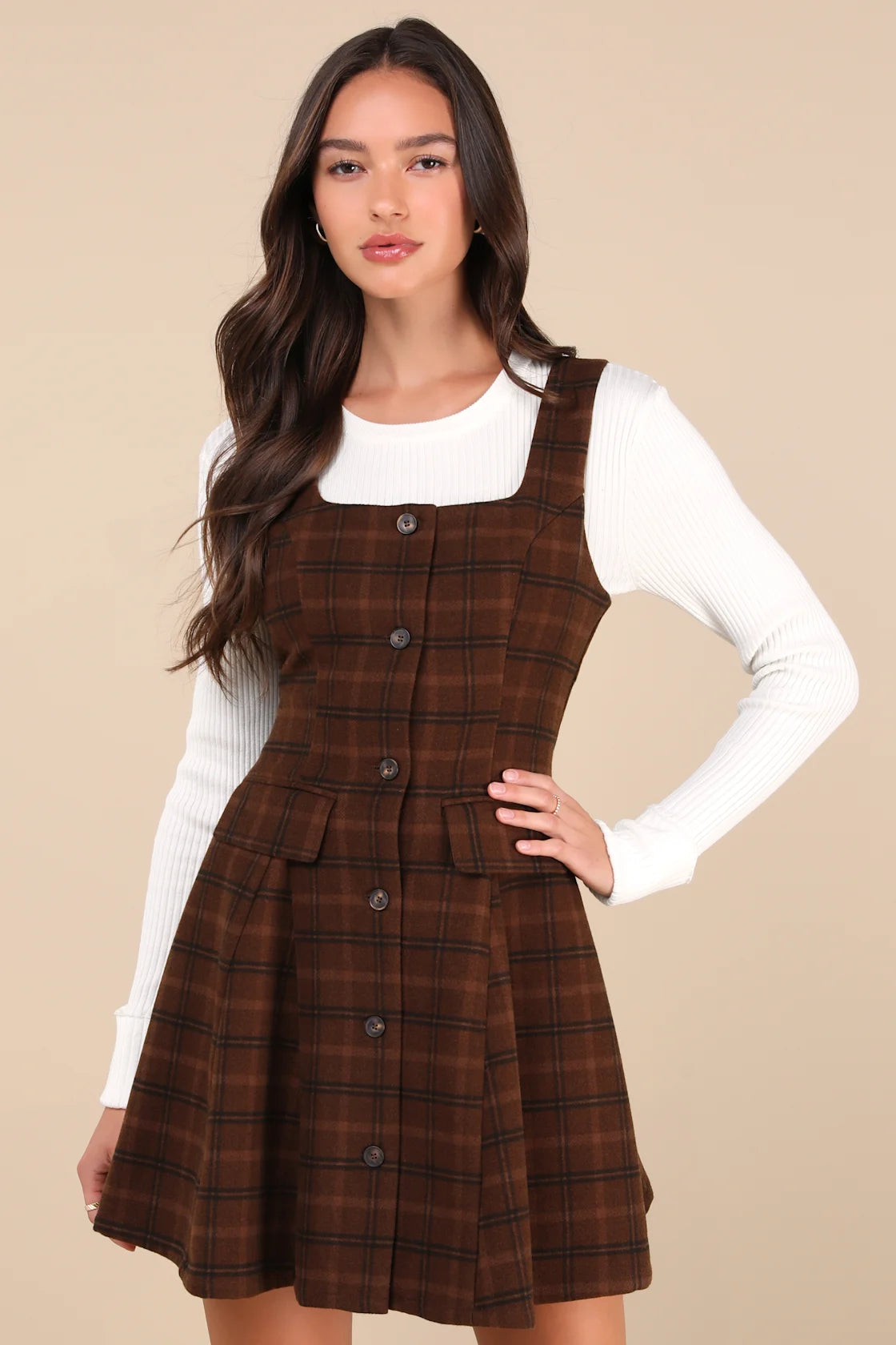 Autumn Approach Brown Plaid Sleeveless Button-Up Mini Dress