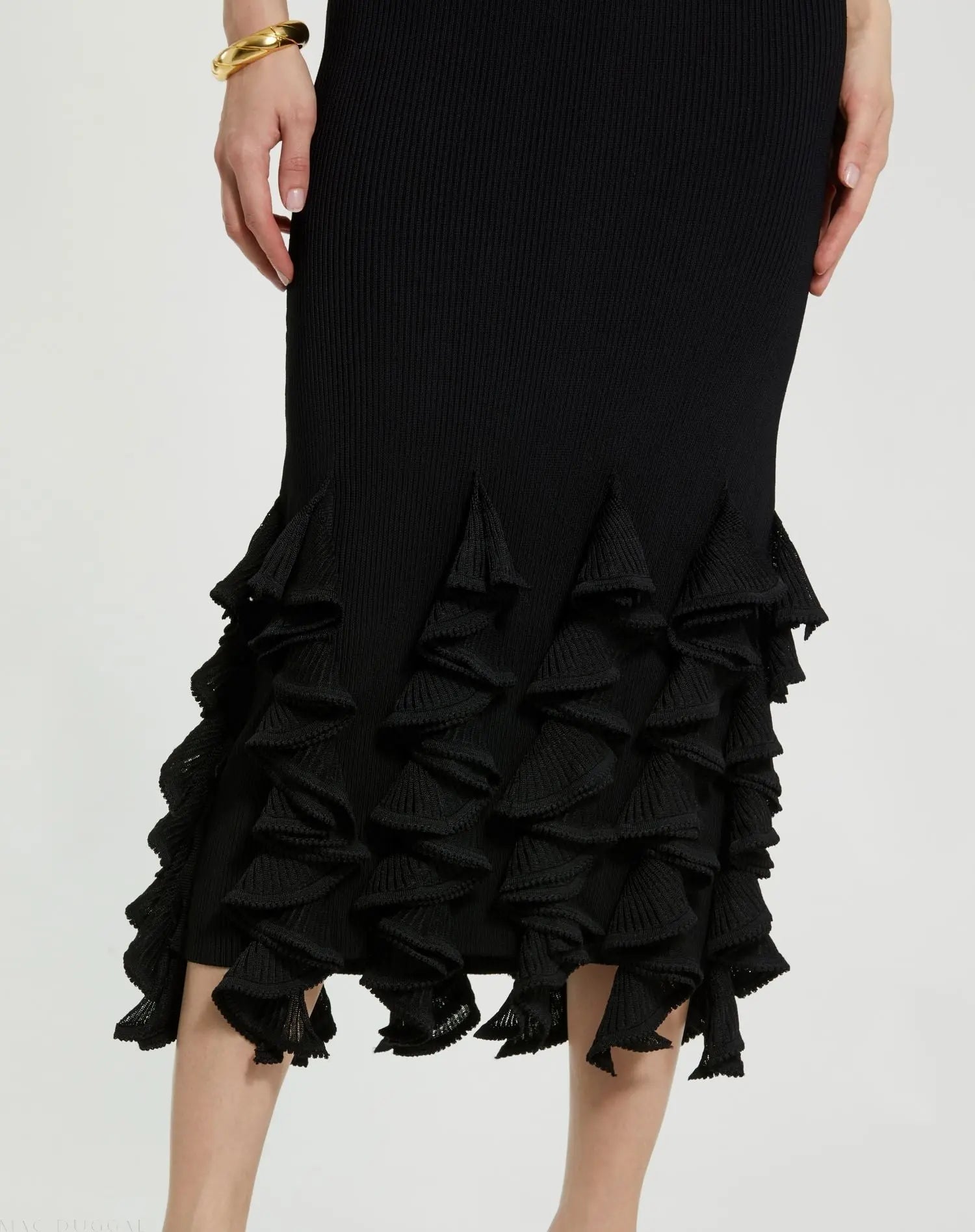Black Rib Knit Sleeveless Midi Dress With Ruffle Hem