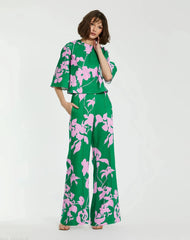 Green Printed Crepe 3/4 Bell Sleeve High Neck Top - FINAL SALE