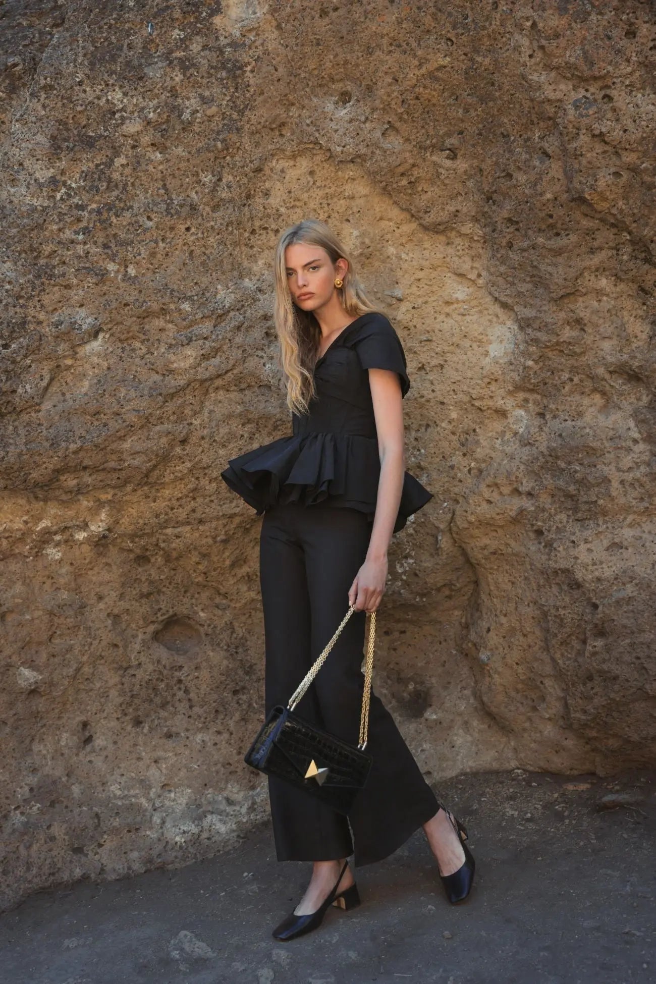 Black Faille Twist Bustier Peplum Top