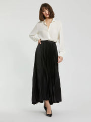 Black Pleated Satin Maxi Skirt