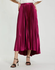 Purple Pleated Satin Maxi Skirt