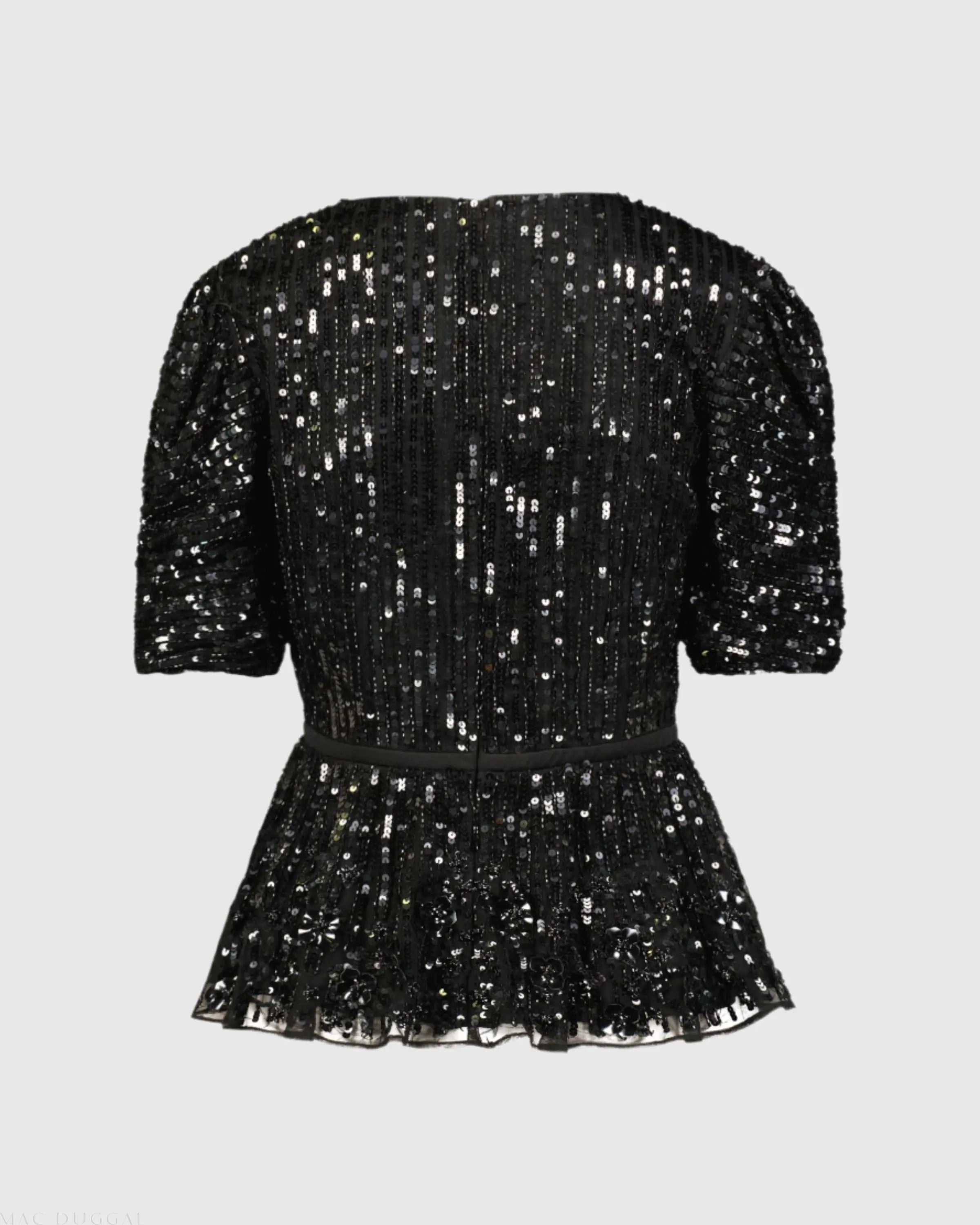 Black Sequined Puff Sleeve Faux Wrap Top - FINAL SALE
