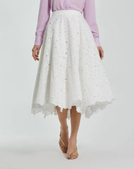 White Embroidered Floral A-line Midi Skirt - FINAL SALE