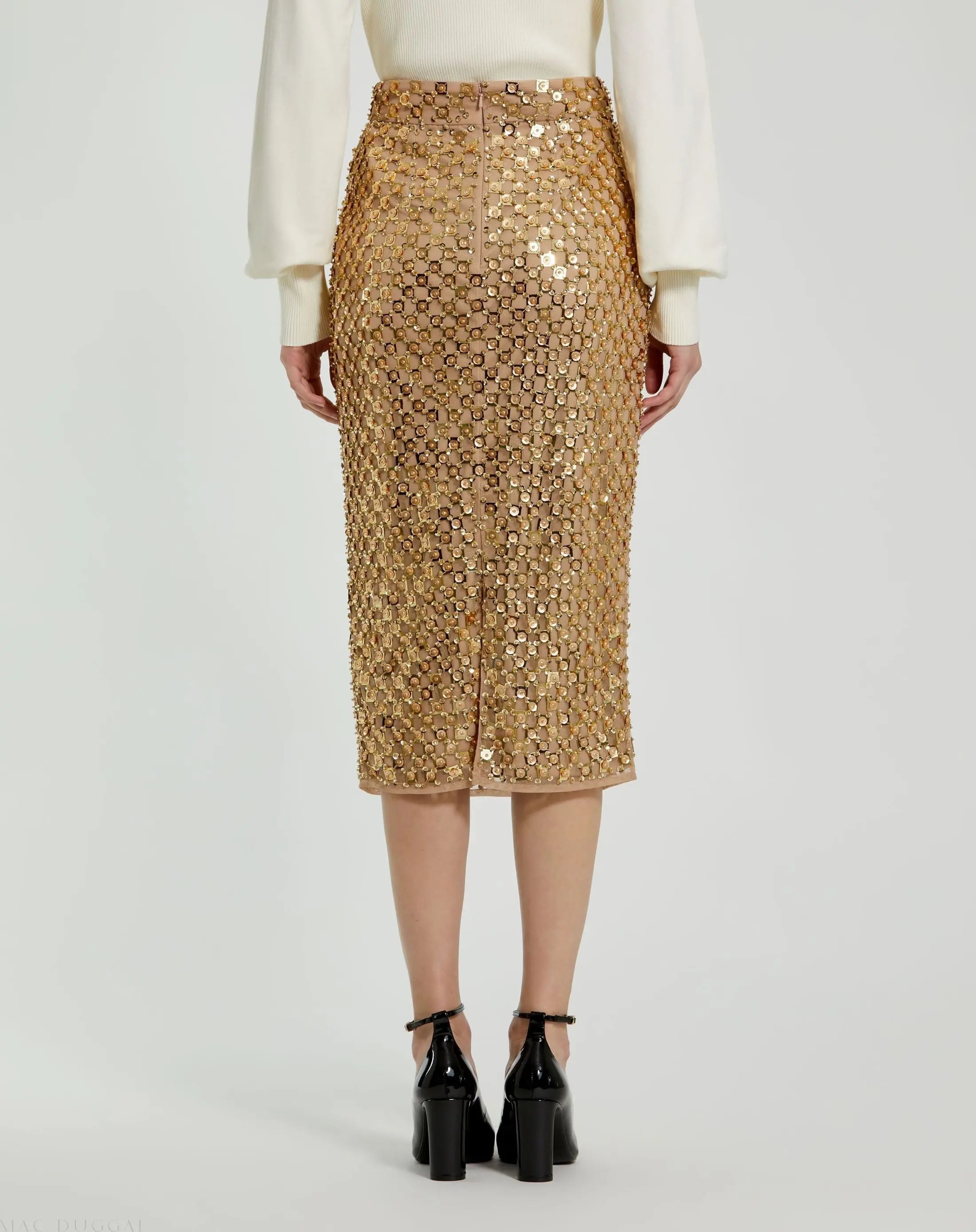 Gold Georgette Embellished Fitted Midi Pencil Skirt